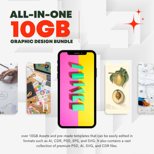 Introducing the All-in-One 10GB Graphic Design Bundle Unleash your creativity and streamline your design projects with our comprehensive All-in-One Graphic Design Bundle. Packed with over 10GB of high-quality assets, this bundle has everything you need to create stunning designs for any project. Content Overview: 5000+ Motivational Quotes: Inspire your audience with our extensive collection of motivational quotes, perfect for social media, posters, and more. 30,000+ T-shirt Designs: Get ready to stand out with our vast array of T-shirt designs, suitable for any style or occasion. 120,000+ Presentation Assets: Impress your audience with professional presentations using our wide range of presentation templates, slides, and graphics. 120,000+ Infographics Vector Business Presentation: Communicate complex information visually with our extensive collection of infographic templates and vector graphics. 100,000+ Fonts, SVGs & Icons: Enhance your designs with our diverse collection of fonts, SVGs, and icons, perfect for adding flair and creativity to any project. 5000+ Brochures, Flyers & Business Cards: Promote your business with eye-catching marketing materials, including brochures, flyers, and business card templates. 400 CV Templates: Make a great first impression with our collection of professional CV templates, perfect for job seekers and professionals. 500+ Mockups Bundle: Visualize your designs with our collection of mockup templates, perfect for showcasing your work in a realistic setting. Pack Design Graphics 500GB: Access a vast library of graphics for packaging design projects, including labels, boxes, and more. 559 Facebook & Instagram Banners: Boost your social media presence with our collection of professionally designed Facebook and Instagram banners. 2000+ Facebook & Instagram Assets (Templates, Banners, Graphics): Create engaging social media content with our collection of templates, banners, and graphics. 200,000+ Royalty Stock Images: Access a vast library of royalty-free stock images to enhance your designs and projects. 5000+ Logos Bundle: Find the perfect logo for your business with our extensive collection of logo templates and designs. 10,000+ Vectors Graphics: Explore a wide range of vector graphics perfect for any design project. Key Features: High-quality assets to suit every design project Easy to use and customize to fit your needs Regularly updated with new assets to keep your designs fresh Instant access to a wealth of creative resources With our All-in-One Graphic Design Bundle, the possibilities are endless. Get started today and take your design projects to the next level!